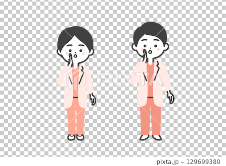 手を口に添えて呼ぶスクラブに白衣姿の3頭身男女医師イラスト 129699380