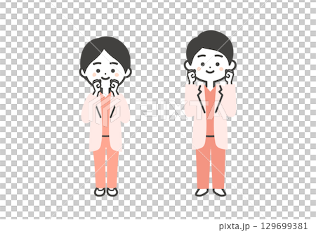 圖：一位身穿手術服和白大褂的三頭男醫生和一位女醫生用雙手握拳 129699381