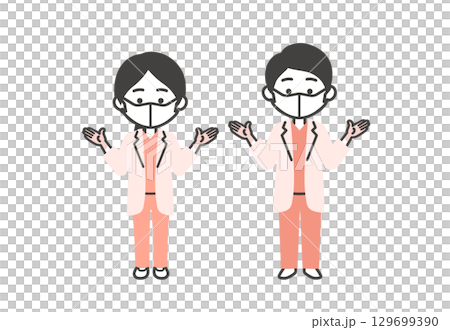 一位男醫生和一位女醫生穿著手術服和白大褂，戴著橡膠手套和口罩的三維插圖 129699390