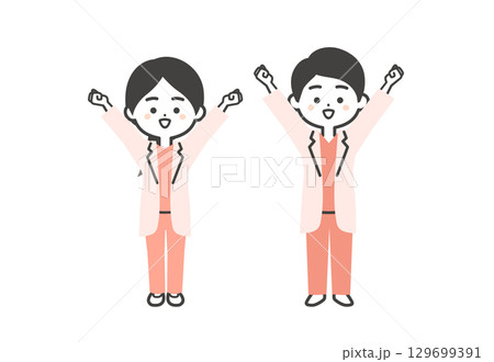 伸びをするスクラブに白衣姿の3頭身男女医師イラスト 129699391