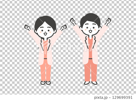 身穿白大褂和擦洗伸展運動的三維男女醫生插圖 身穿白大褂和擦洗伸展運動的三維男女醫生插圖 129699391