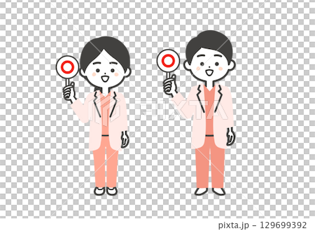 A three-dimensional illustration of a male and female doctor wearing a scrub and white coat holding a correct answer card A three-dimensional illustration of a male and female doctor wearing a scrub and white coat holding a correct answer card 129699392