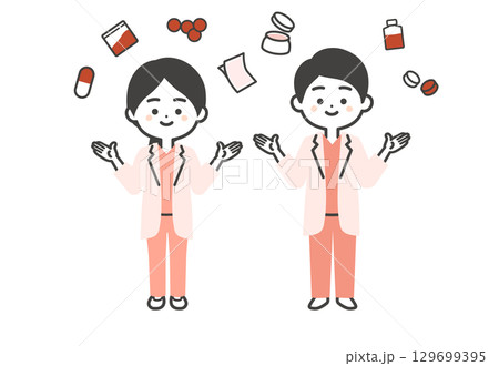 色々な形の薬品とスクラブに白衣姿の3頭身男女医師イラスト 129699395