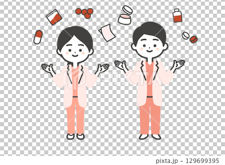 色々な形の薬品とスクラブに白衣姿の3頭身男女医師イラスト 129699395