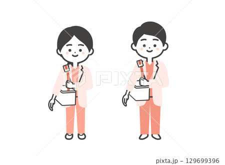 大きなカバンを持つスクラブに白衣姿の3頭身男女医師イラスト 129699396