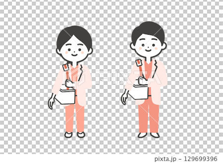 大きなカバンを持つスクラブに白衣姿の3頭身男女医師イラスト 129699396