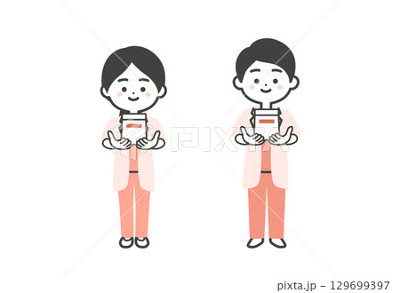 薬袋を差し出すスクラブに白衣姿の3頭身男女医師イラスト 129699397