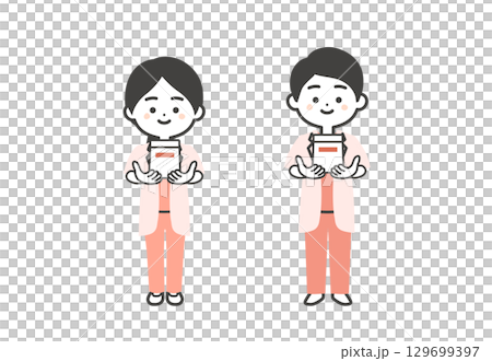 薬袋を差し出すスクラブに白衣姿の3頭身男女医師イラスト 129699397