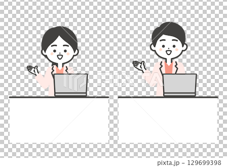 A three-dimensional illustration of a male and female doctor wearing a scrub and white coat using a laptop at a desk 129699398