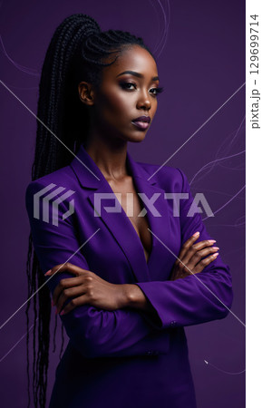 A Black female executive in deep purple, arms crossed, with flowing lines of digital data surrounding her, symbolizing the fusion 129699714