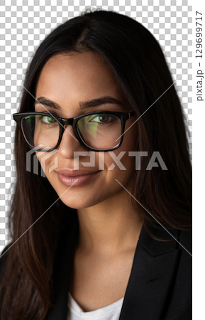 A Latina businesswoman with sleek long hair and stylish oversized glasses, her expression calm yet assertive, illuminated by warm light 129699717