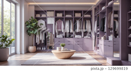 AI-powered walk-in closet in muted lavender, featuring smart garment racks that sort clothes by color or occasion and self-organizing storage AI-powered walk-in closet in muted lavender, featuring smart garment racks that sort clothes by color or occasion and self-organizing storage 129699819