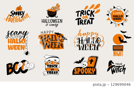 Halloween typography. Scary holiday calligraphy with traditional symbols, scary pumpkin bat spider web silhouettes, October celebration banner poster. Vector lettering collection Halloween typography. Scary holiday calligraphy with traditional symbols, scary pumpkin bat spider web silhouettes, October celebration banner poster. Vector lettering collection 129699846