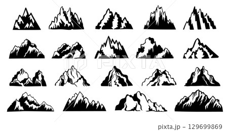 Mountain silhouette. Black mountain icons, hill range peak snow rock landscape for logo design, flat cartoon nature hiking elements. Vector mountains isolated set 129699869