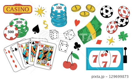 Casino sticker set. Cartoon game badges for advertisement, money cards and slot machine icons for gambling promotion, trendy casino stickers for online marketing. Vector collection Casino sticker set. Cartoon game badges for advertisement, money cards and slot machine icons for gambling promotion, trendy casino stickers for online marketing. Vector collection 129699873