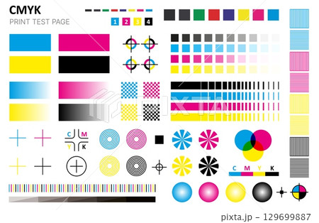 CMYK test print. Color calibration chart for cyan magenta yellow black ink, graphic designer palette swatch, CMYK printing control table. Vector isolated set 129699887