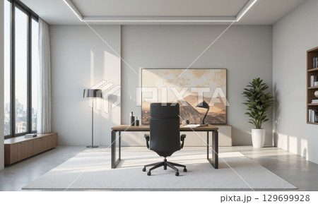 Sleek executive office with a minimalist metal desk, high-back chair, and clean lines. Task lighting focuses on the workspace, while ambient lighting fills 129699928