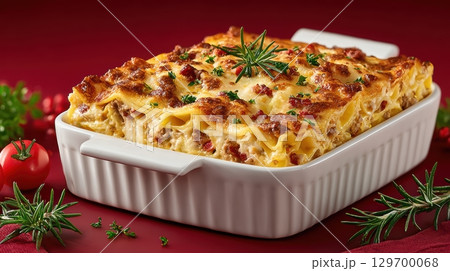 Delicious Tasty Lasagna Dish with Fresh Herbs and Red Tomatoes on a Vibrant Background 129700068