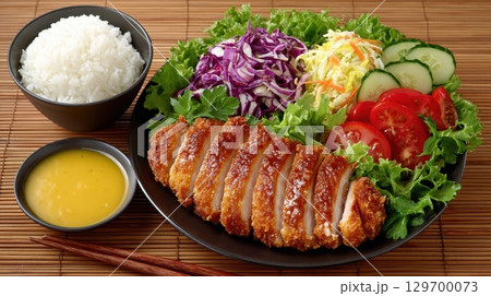 Delicious Katsu Meal with Rice, Fresh Vegetables, and Tasty Dipping Sauce on a Bamboo Table Setting 129700073
