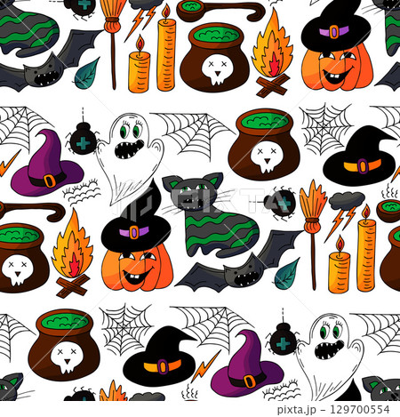 Halloween seamless pattern in hand draw style 129700554