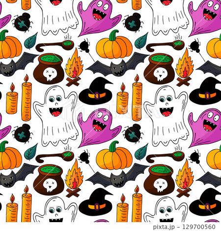 Halloween seamless pattern in hand draw style 129700560