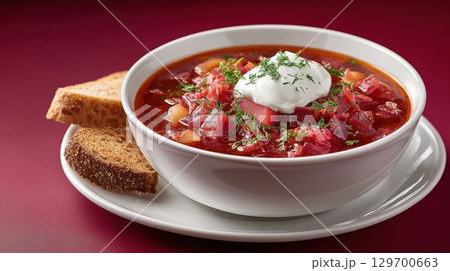 Traditional Borscht Soup Served with Fresh Dill and Bread on a Burgundy Background 129700663