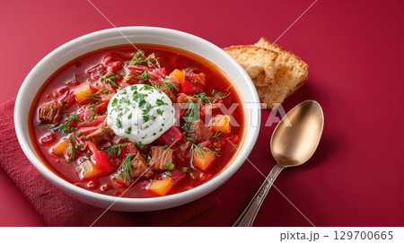 Delicious Borscht Soup with Vegetables, Meat, and Sour Cream Garnish on Red Background 129700665
