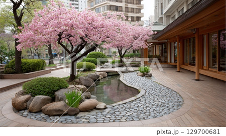 Serene Japanese Garden with Cherry Blossom Trees and Tranquil Water Features in Springtime Atmosphere 129700681