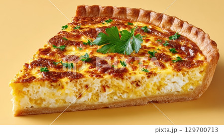 Deliciously Cheesy Quiche Slice with Golden Brown Crust and Fresh Parsley Garnish on Vibrant Yellow Background 129700713