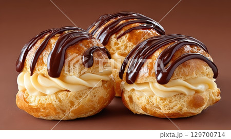 Delicious Profiteroles Filled with Cream and Topped with Rich Chocolate Drizzle on a Brown Background 129700714