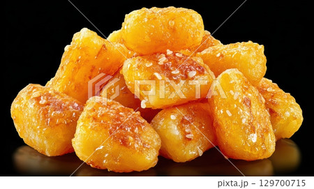 Deliciously Golden Potato Gnocchi Piled High on a Dark Background for Culinary Photography 129700715