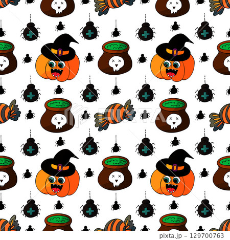 Halloween seamless pattern in hand draw style Halloween seamless pattern in hand draw style 129700763