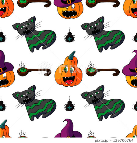 Halloween seamless pattern in hand draw style Halloween seamless pattern in hand draw style 129700764
