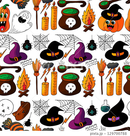 Halloween seamless pattern in hand draw style Halloween seamless pattern in hand draw style 129700788
