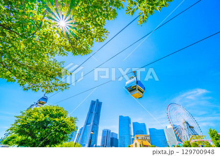日本の横浜都市景観8月17日。緑と木漏れ日、横浜ランドマークタワーなどビル群を望む 日本の横浜都市景観8月17日。緑と木漏れ日、横浜ランドマークタワーなどビル群を望む 129700948