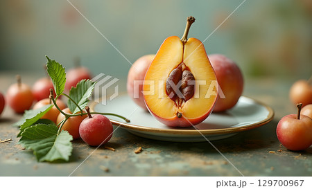 Delicious halved plum close up on a plate with leaves and surrounding fresh ripe fruits 129700967