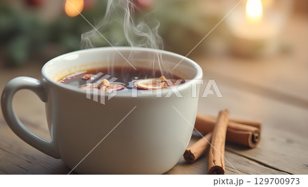 Aromatic winter drink in a white mug on a wooden table with cinnamon sticks 129700973