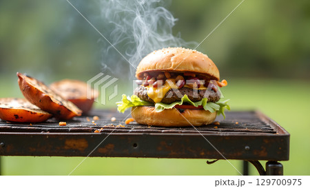 Grilled burger with cheese, beans, and lettuce on a grill outdoors during summer, with smoke and nature background 129700975