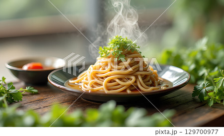 Delicious and Steaming Hot Noodles with Fresh Herbs on a Rustic Wooden Table Setting 129700977