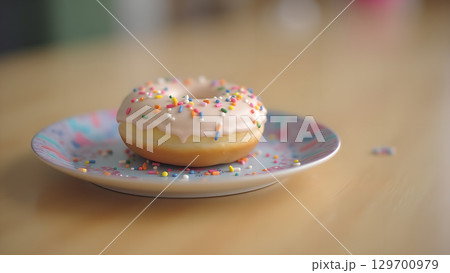 Close-up shot of a delicious donut with white icing and sprinkles on a small plate Close-up shot of a delicious donut with white icing and sprinkles on a small plate 129700979