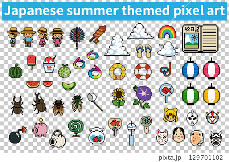 日本の夏祭りアイコンセット｜ドット絵・ピクセルアートで表現した花火・風鈴・金魚・スイカ・朝顔・ひまわ 129701102