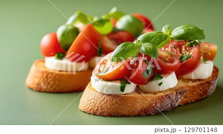 Delicious Bruschetta with Fresh Tomatoes and Basil on Toasted Bread Against a Simple Green Background 129701148