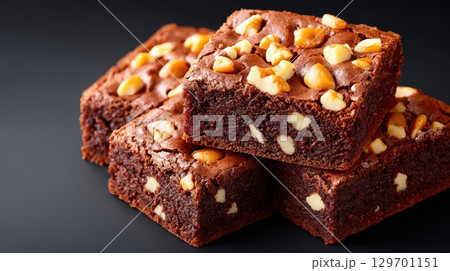 Deliciously Rich Dark Brownies with Crunchy Nuts on a Dark Background Perfect for Dessert Lovers and Food Enthusiasts Deliciously Rich Dark Brownies with Crunchy Nuts on a Dark Background Perfect for Dessert Lovers and Food Enthusiasts 129701151
