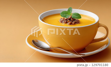 Creamy Pumpkin Soup in Yellow Bowl on Elegant Plate with Fresh Mint and Condiment Garnish on Warm Beige Background 129701180