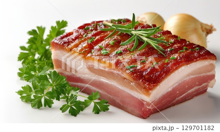Freshly Cooked Pork Belly with Herbs and Onions, Garnished with Parsley on Elegant White Background 129701182