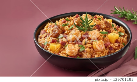 Delicious shrimp jambalaya featuring rice, sausage, and fresh herbs on a stylish background Delicious shrimp jambalaya featuring rice, sausage, and fresh herbs on a stylish background 129701193