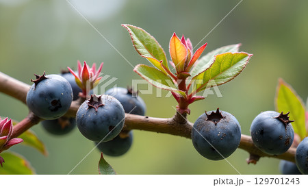 Beautiful blueberries ripening on a branch showcasing nature's bounty with fresh leaves and a natural backdrop the beautiful fruit Beautiful blueberries ripening on a branch showcasing nature's bounty with fresh leaves and a natural backdrop the beautiful fruit 129701243