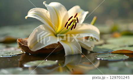 Elegant white lily blossom adorns a tranquil pond, its reflection shimmering on calm water among lily pads Elegant white lily blossom adorns a tranquil pond, its reflection shimmering on calm water among lily pads 129701245