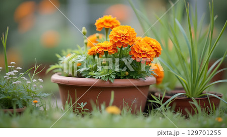 Close-up of vibrant orange marigold flowers in a terracotta pot, set in a lush green garden Close-up of vibrant orange marigold flowers in a terracotta pot, set in a lush green garden 129701255
