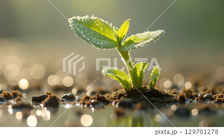 Close up of a young plant seedling with water droplets gleaming in morning light showcasing growth 129701278